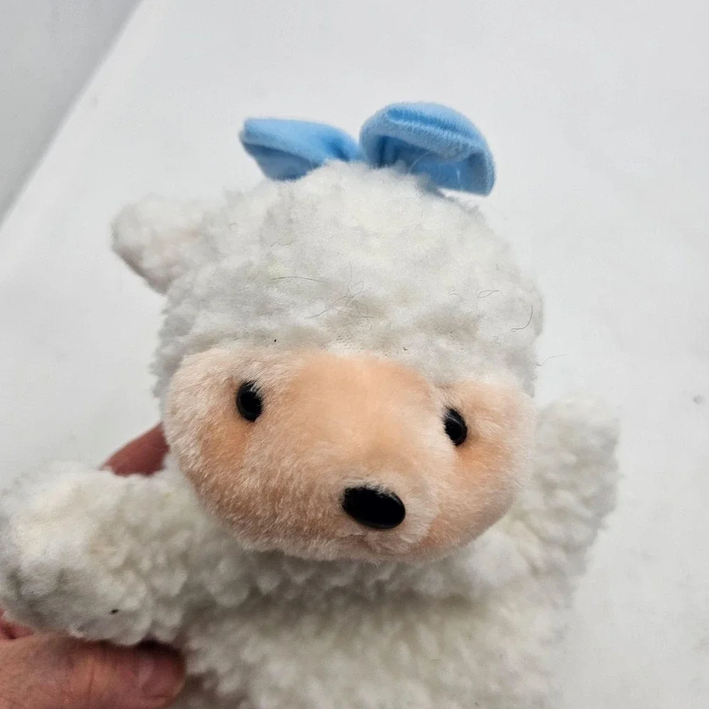 Lamb Hand Puppet Plush Stuffed Animal Toy Small White Blue Bow Soft Fleece Cute